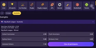 SpinBet cricket betting screen showing Big Bash League outrights for Australia with odds for Hobart Hurricanes, Perth Scorchers, and more